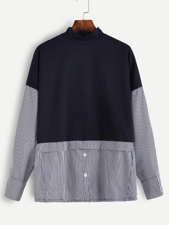 Romwe High Neck Vertical Striped Blouse