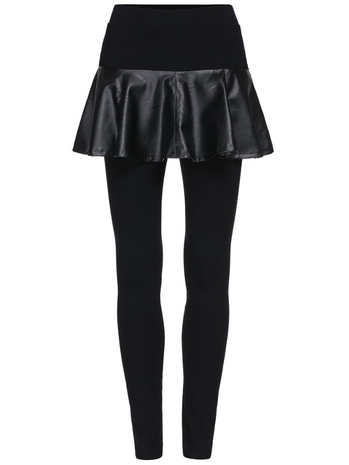 Romwe Elastic Waist Pu Insert Skirt Leggings