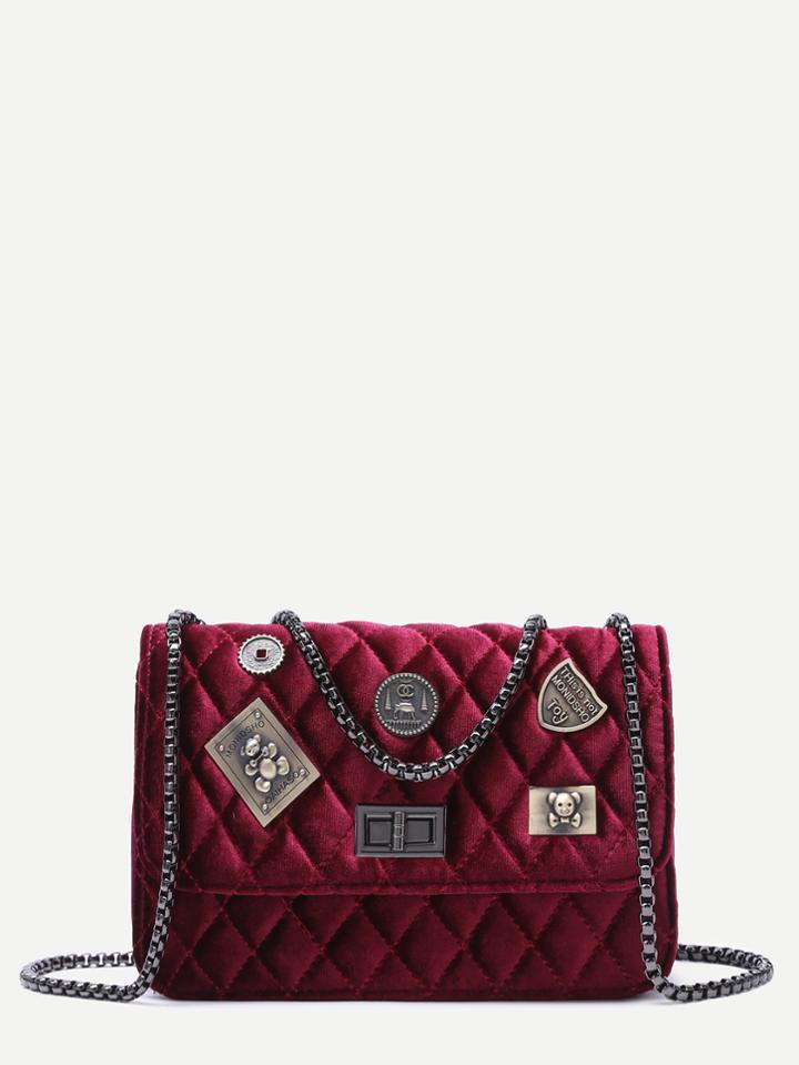 Romwe Maroon Embellished Boxy Quilted Crossbody Chain Bag