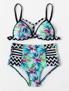 Romwe Flower & Zigzag Print High Waist Bikini Set