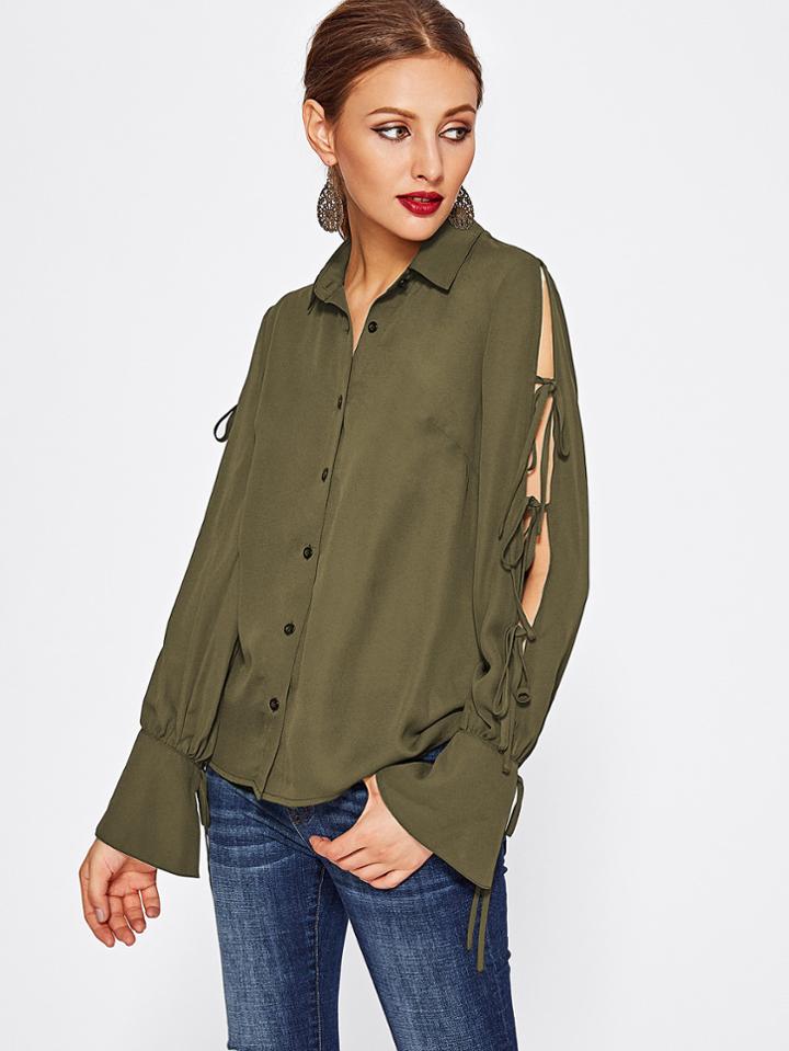 Romwe Bell Cuff Bow Tie Split Sleeve Blouse