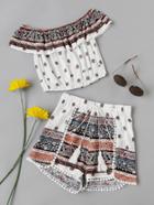 Romwe Flounce Layered Neckline Ornate Print Crop Top With Shorts