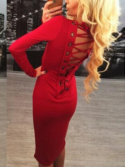 Romwe Scoop Neck Lace Up Sheath Red Dress