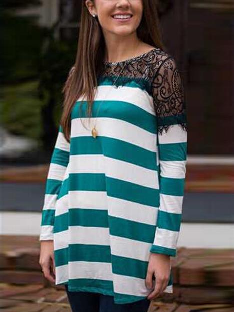 Romwe Contrast Lace Striped Green T-shirt