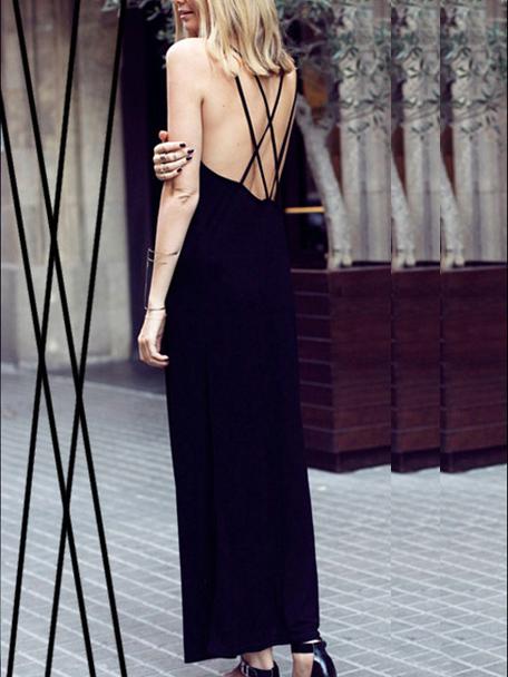 Romwe Scoop Neck Criss Cross Back Long Dress