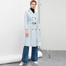 Romwe Double Breasted Belted Striped Trench Coat