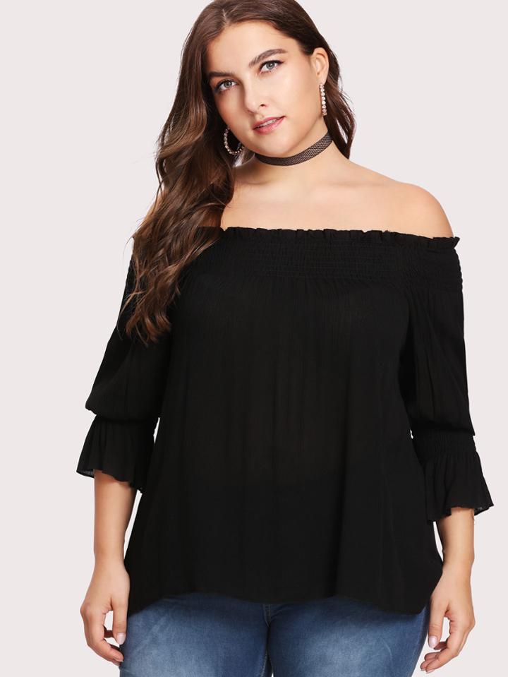 Romwe Shirred Bardot Top