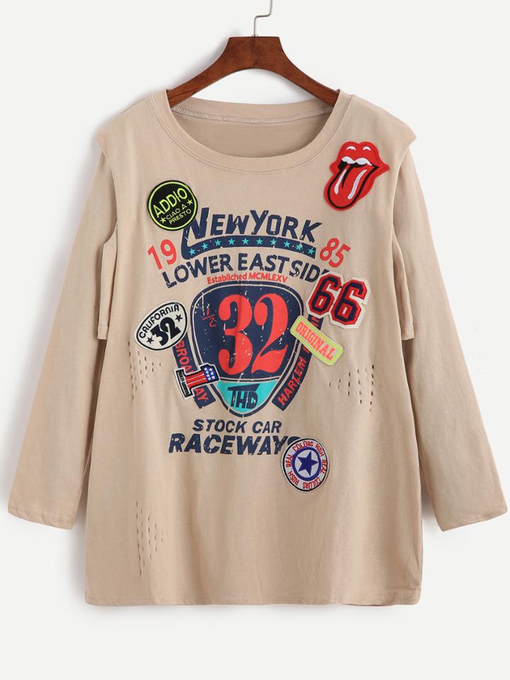 Romwe Apricot Varsity Patch Print 2 In 1 T-shirt