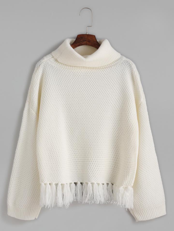Romwe Beige Turtleneck Drop Shoulder Fringe Hem Sweater