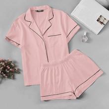 Romwe Contrast Piping Pocket Front Shirt & Shorts Pj Set