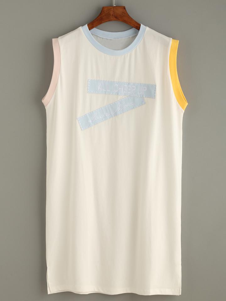 Romwe White Contrast Trim Letter Embroidered Patch Dress