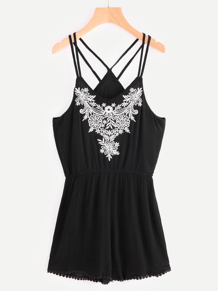 Romwe Embroidered Strappy Detail Pleated Cami Romper