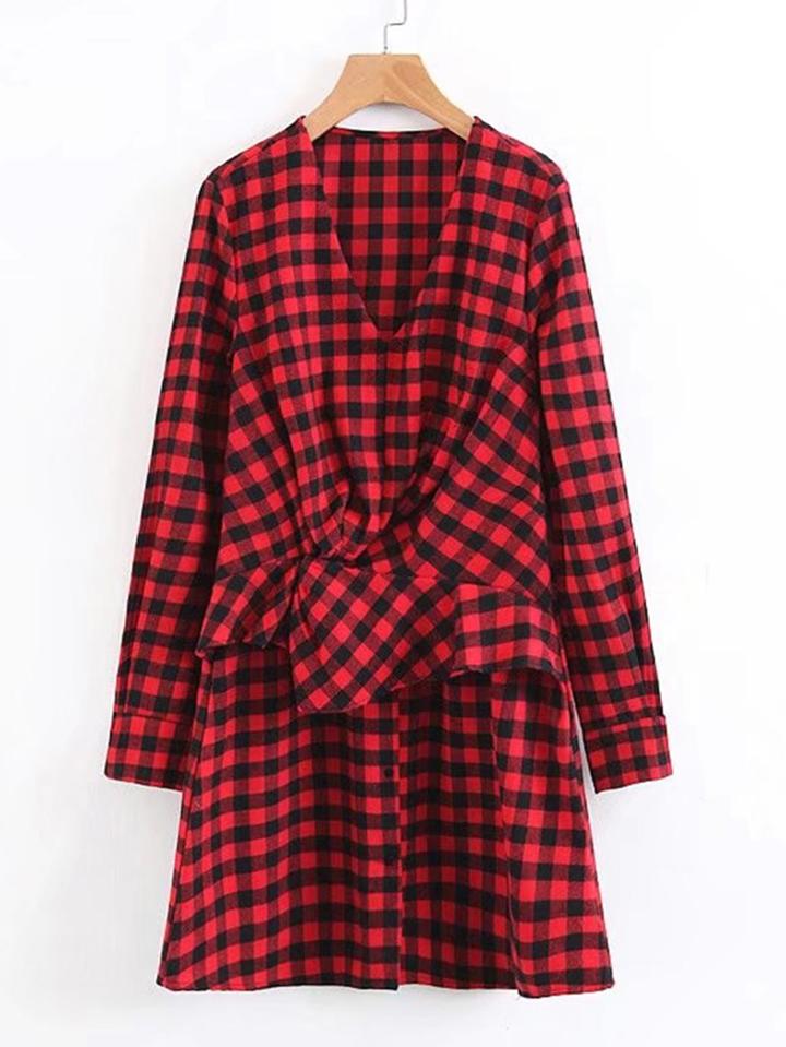 Romwe Ruched Detail Gingham Dress