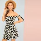 Romwe Off-shoulder Knot Side Daisy Print Dress