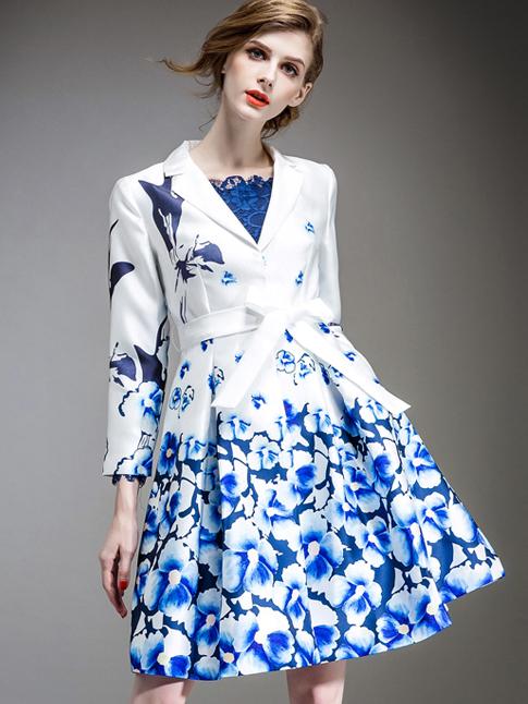 Romwe Blue White V Neck Long Sleeve Tie-waist Pockets Coat
