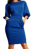 Romwe Half Sleeve With Belt Slim Blue Dress