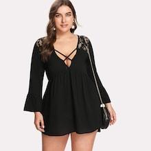 Romwe Plus Criss Cross Front Lace Contrast Dress