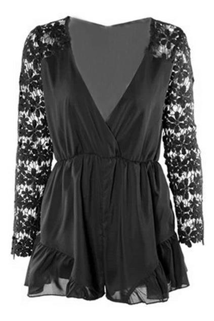 Romwe Lace Crochet V-neck Black Playsuit