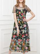 Romwe Black Gauze Flowers Embroidered Dress