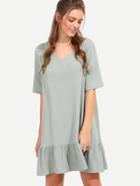 Romwe Green V Neck Half Sleeve Ruffle Shift Dress