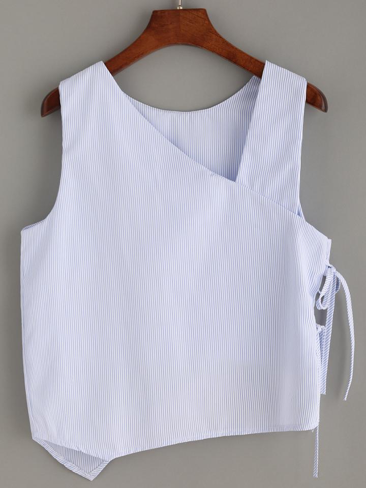 Romwe Blue Vertical Striped Side Tie Asymmetric Tank Top