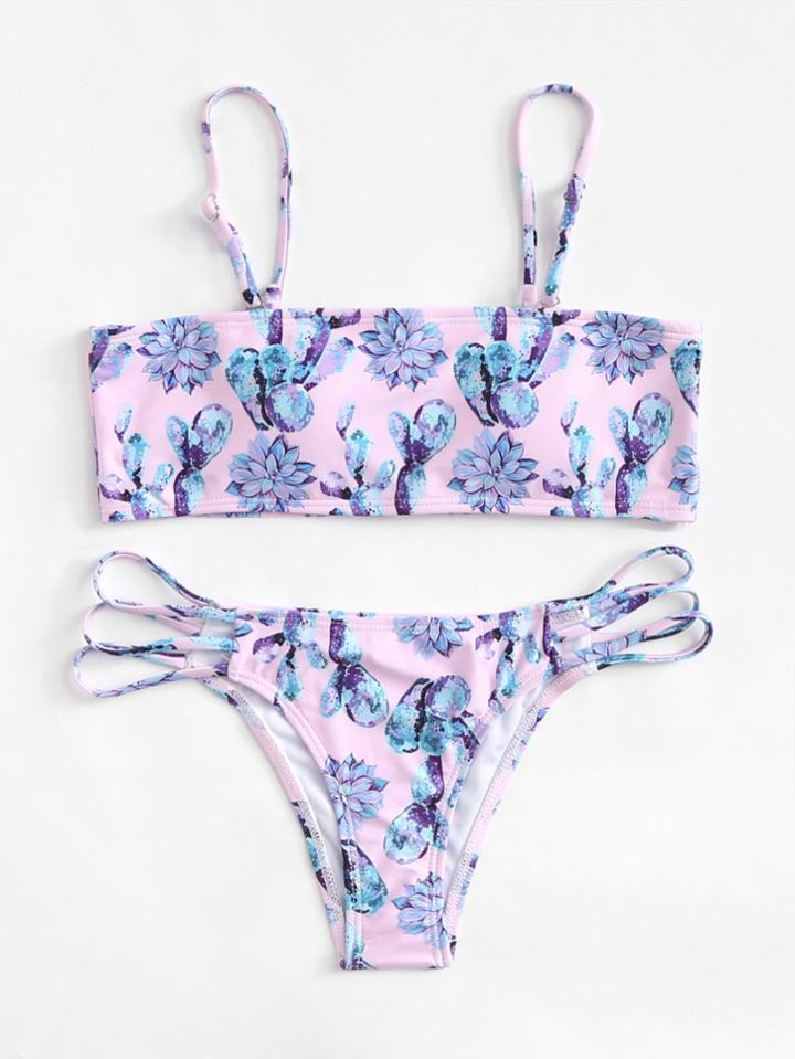 Romwe Succulent Print Ladder Cut Out Bikini Set