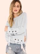 Romwe Waffle Knit Bell Tie Sleeve Sweater Light Grey