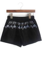 Romwe Elastic Waist Embroidered Black Shorts