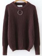 Romwe Brown Ring Embellished Ribbed Sweater