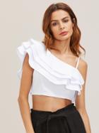 Romwe Tiered Frill Trim Asymmetric Cold Shoulder Crop Top