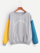 Romwe Letter Print Drop Shoulder Contrast Sleeve Pocket Sweatshirt