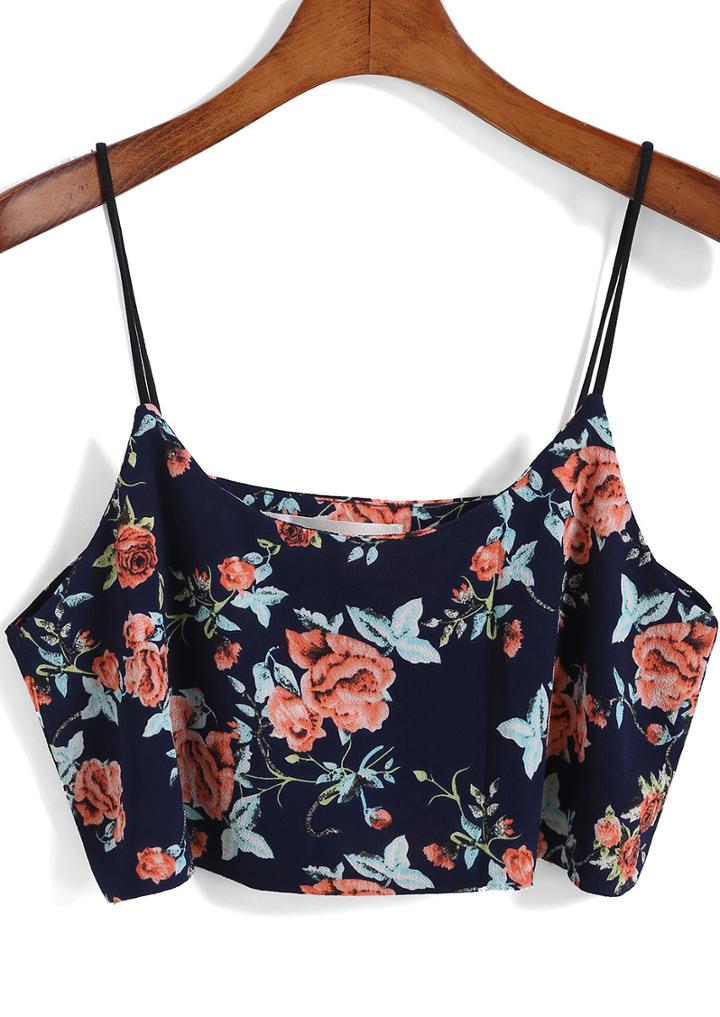 Romwe Spaghetti Strap Florals Crop Cami Top