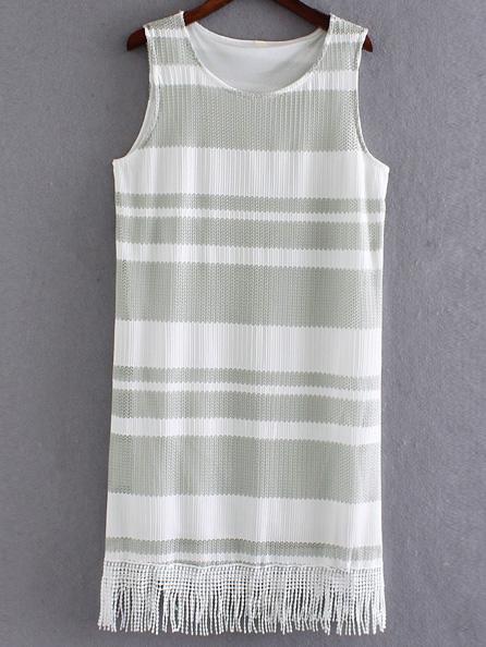 Romwe Green Sleeveless Fringe Hem Striped Lace Dress