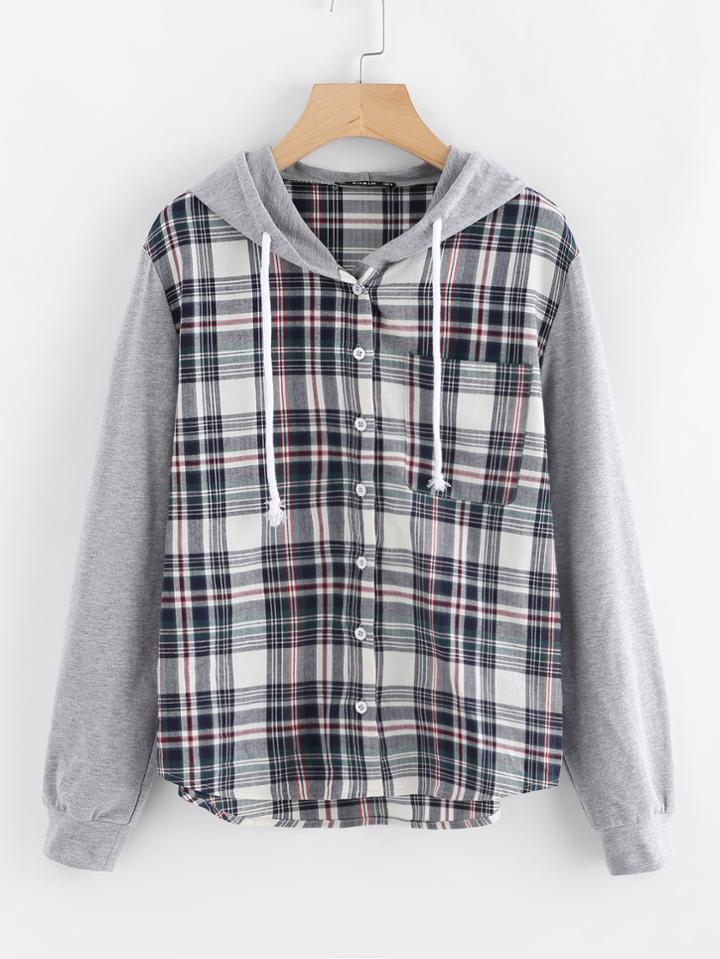 Romwe Check Blouse With Jersey Hood And Sleeve