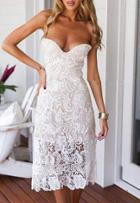 Romwe White Strapless With Zipper Hollow Lace Dress