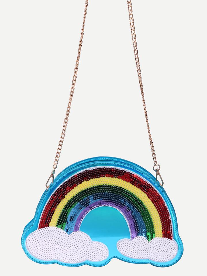 Romwe Blue Sequin Rainbow Clutch Bag With Chain