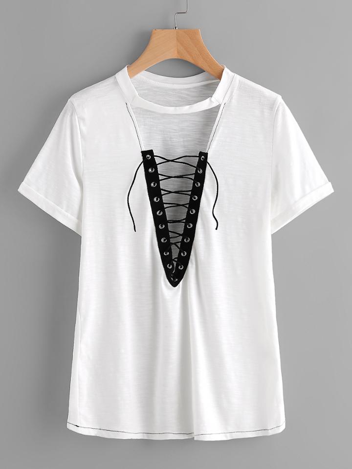 Romwe Contrast Lattice Front Choker Plunge Neck Tee