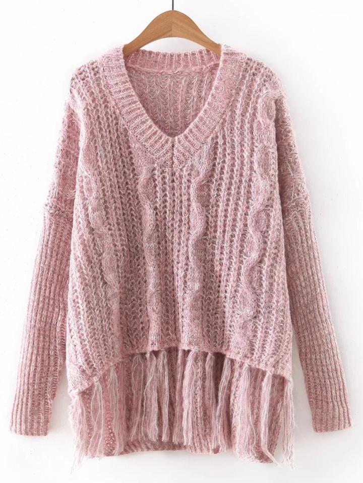 Romwe Pink V Neck Tassel Knitwear