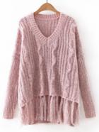 Romwe Pink V Neck Tassel Knitwear