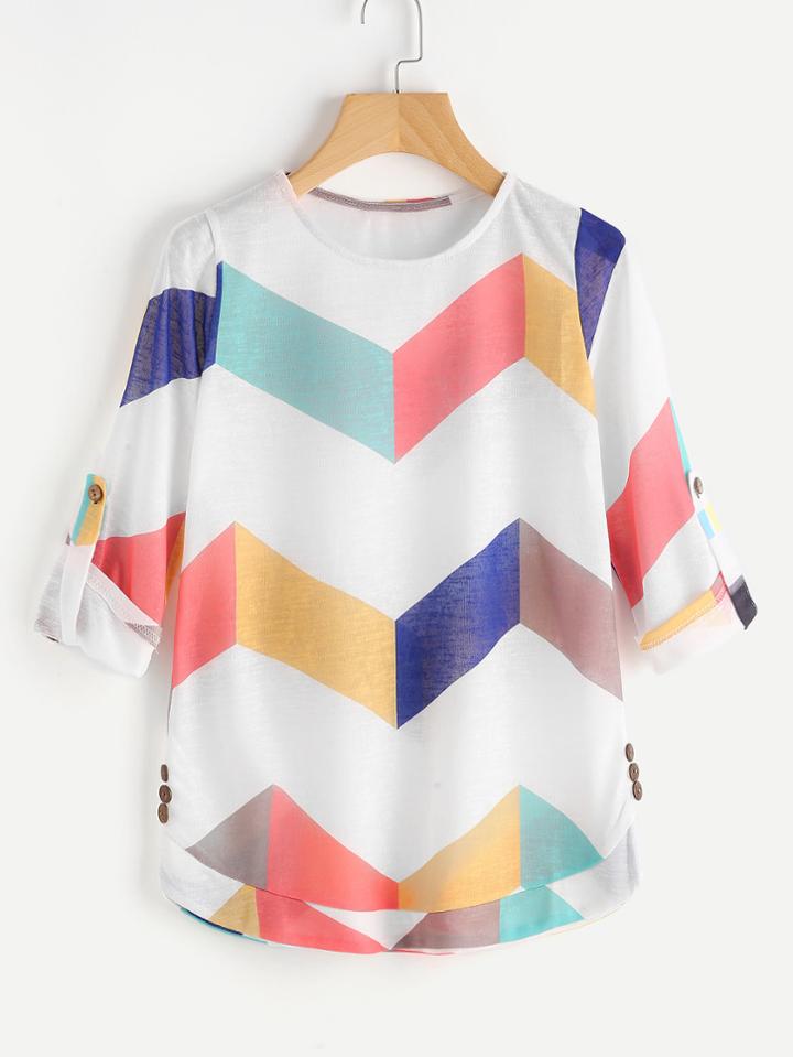 Romwe Chevron Pattern Rolled Sleeve Knit Tee