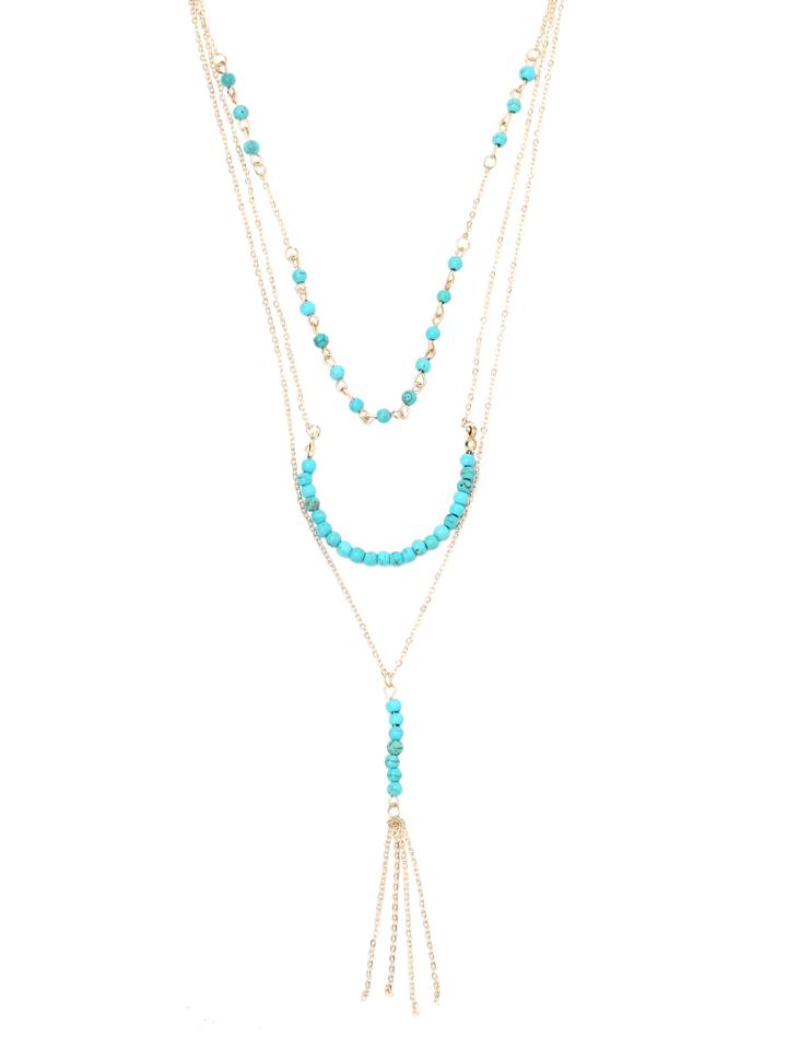 Romwe Gold Turquoise Beaded Layered Necklace