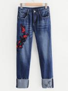 Romwe Embroidered Flower Turn Up Jeans