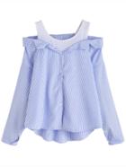 Romwe Open Shoulder Vertical Striped Dip Hem Blouse