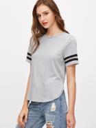Romwe Heather Grey Striped Sleeve Curved Hem T-shirt
