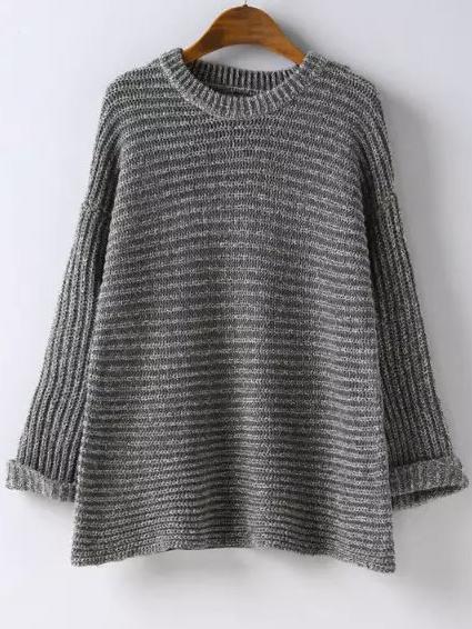 Romwe Grey Round Neck Rolled Sleeve Knit Sweater