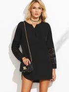 Romwe Black Notch Neck Crochet Sleeve High Low Shirt Dress