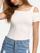 Romwe Cutout Shoulder Tight T-shirt - White