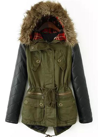 Romwe Contrast Pu Hooded Pockets Loose Coat