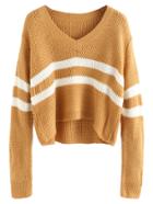 Romwe Khaki V Neck Striped Crop Sweater
