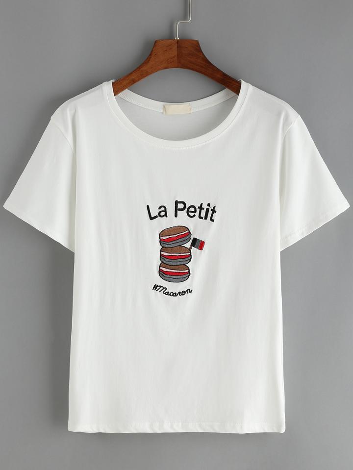 Romwe Hamburger Embroidered White T-shirt